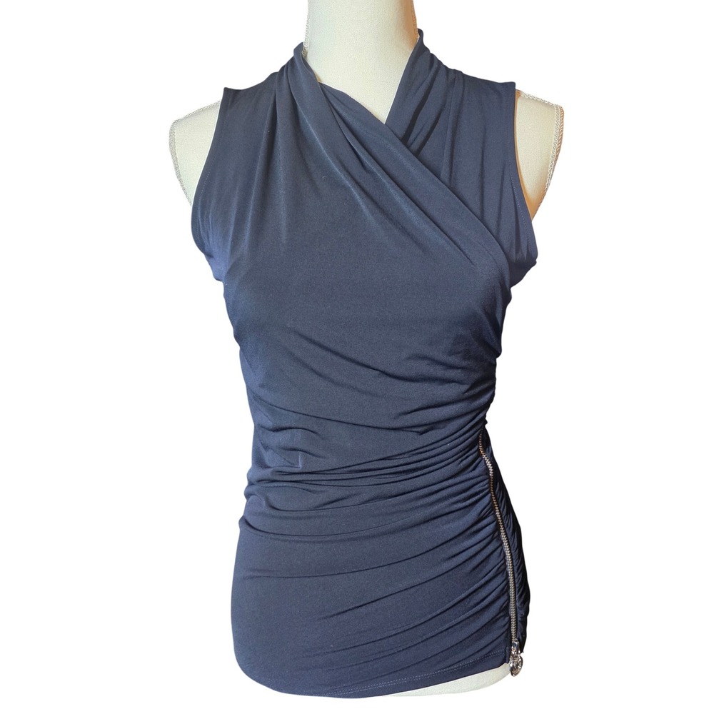 Michael Kors Sleeveless Drape Neck Ruched Zipper Top Navy Blue Size S - Picture 9 of 11
